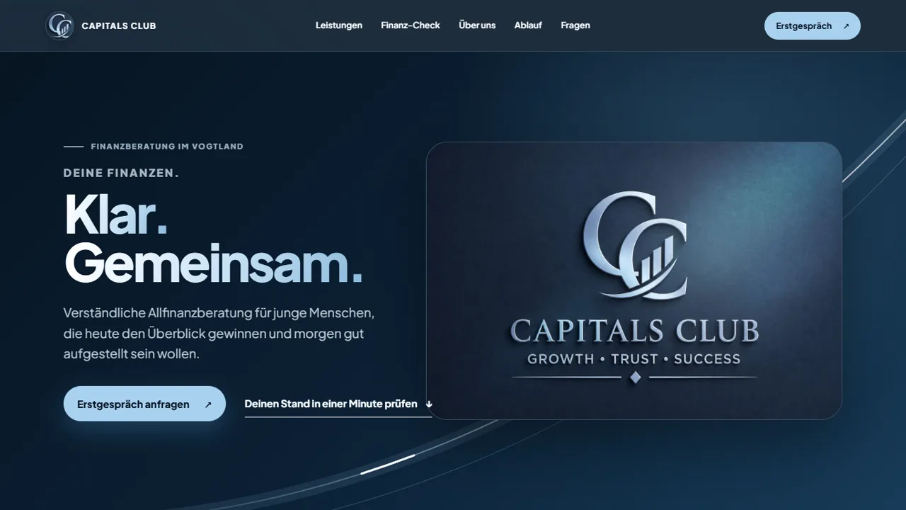 Startseite von Capitals Club in Dunkelblau mit dem Logo und der Überschrift Klar, Gemeinsam